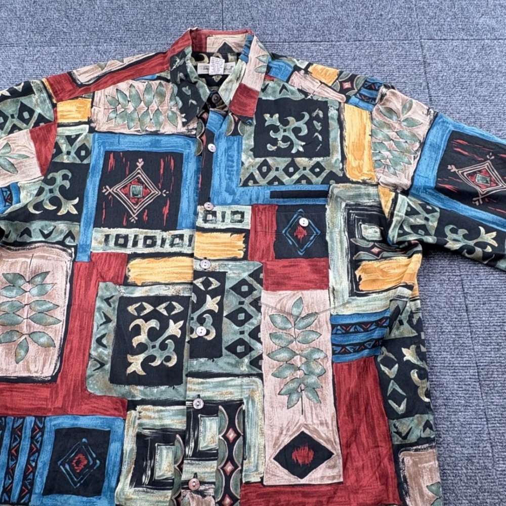 Tori Richard Honolulu Mens Medium Cotton Geometric Tribal Print Button Up Shirt